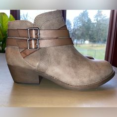 Taupe. Brand New Without Box. Trendy Ankle Booties With Buckle Closure, Casual High Heel Booties With Buckle Closure, Casual Low Heel Booties With Buckle Closure, Casual Low Heel Booties With Buckle, Round Toe Booties With Buckle Closure, Booties With Buckle Closure And Round Toe, Medium Width Buckle Closure Booties With Round Toe, Trendy Spring Booties With Buckle Closure, Jellypop Shoes