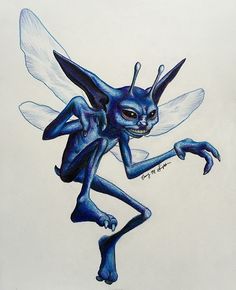 a drawing of a blue fairy with big eyes and legs, holding her hands out to the side