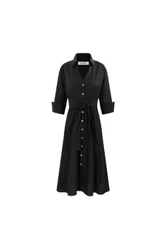 A full black, versatile and comfy everyday button-up, collared dress! Featuring the Celia Dress, a breathable and flattering dress. This dress has all your favourite Carolina style features: the clean collar, quarter-length sleeves with sewn-in fold, hip pockets and shell buttoned cuffs that balance its loosefitted shape. A waist tie completes the look to offer the option to show off your figure.A subtle v-neckline to bring out the feminine. Wear the Celia Dress with your favourite Carolina Wedges or white sneakers for a more relaxed look. A dress that you could dress up or dress down and still look absolutely great in it.Everyday wear by Carolina Lifestyle. Origins:Handcrafted with love in Colombia, South America. Fabric:97% Polyester3% Elastomer Model Sizes:Natalie is 170cm tall and wear V-neck Shirt Dress With Placket For Daywear, Elegant Shirt Dress With Roll-up Sleeves For Daywear, Cotton V-neck Shirt Dress For Fall, Chic Collared Dress With Roll-up Sleeves, Elegant Long Sleeve Dress With Roll-up Sleeves, Elegant Dress With Roll-up Sleeves, Elegant Midi Dress With Roll-up Sleeves, Elegant V-neck Dress With Placket, Elegant Half Sleeve Shirt Dress