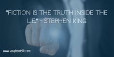 a man in a suit pointing to the side with his hand on his hip and text that reads fiction is the truth inside the lie - stephen king