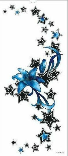 an artistic tattoo design with stars and swirls on white paper, in the shape of a dolphin