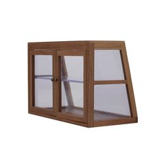 an open window on the side of a wooden wall mounted display case with glass doors