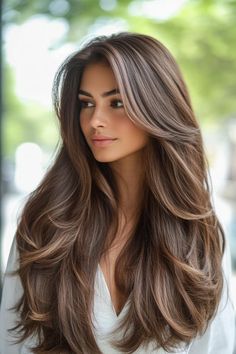 butterfly haircut, hairstyles, hair inspiration Long Layers With Brown Highlights, Butterfly Haircut Very Long Hair, Long Layer Cut Hair, Long Hair Long Layers Curtain Bangs, Butterfly Haircut With Wavy Hair, Long Layers Butterfly Cut, Long Hairstyles Cuts Haircuts, Hair For Long Haircuts, Butterfly Haircuts For Long Hair