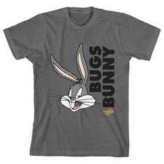 a gray t - shirt with the words bunny bugs on it and an image of a rabbit