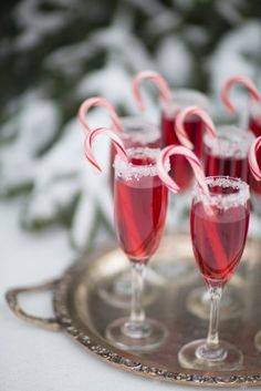 four glasses filled with red liquid and candy canes on top of a silver tray