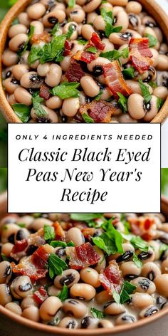 black eyed peas with bacon and spinach in a bowl