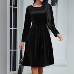 Roolee, Gorgeous & Elegant Black Velvet Midi Dress With Scoop Neck, & 3/4 Sleeves. Fit & Flare With Key Hole And One Button Closure Behind Neck. Has Fabric Belt Attached To Waistline That Can Be Tied Front Or Back With An Accent Bow. So Elegant And Classy! This Beautiful Party Dress Is Perfect For Cocktail Occasions Or For The Coming Holidays And Any Other Special Event! Perhaps Christmas Or New Years Eve? Size L Or 10/12 Would Also Fit Size 8 Due To Style, Fabric And Belt Tie. Fabric Has Some S Solid Color Dresses With 3/4 Sleeve For Fall, Fall Dresses With 3/4 Sleeves In Solid Color, Solid Fall Dresses With 3/4 Sleeve, Solid Color Fall Dress With 3/4 Sleeves, Black Half Sleeve Dresses For Fall, Black Half Sleeve Dress For Fall, Black Half-sleeve Dress For Fall, Black 3/4 Length Dresses For Fall, Solid Color 3/4 Length Fall Dress