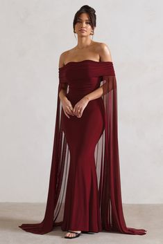 Carlotta | Berry Bardot Maxi Dress With Chiffon Cape Chiffon Cape, Bardot Neckline, Black Dress Prom, Black Tie Gala, Party Dress Long Sleeve, Floor Length Skirt, Christmas Party Dress, Bridesmaid Outfit, Black Sequin Dress