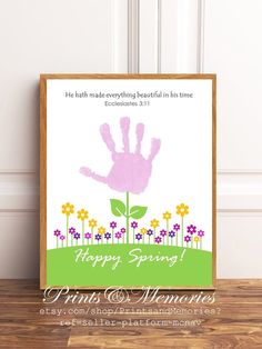 a handprinted poster with flowers on it and the words happy spring written in pink