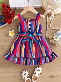 Colorful Striped Pattern & Lace Hem & Button Detail & Spaghetti Strap Baby Girl Dress For Summer, Stylish And Cute Multicolor   Sleeveless Woven Fabric Striped,Rainbow Stripe Cami Non-Stretch  Baby Girls Clothing, size features are:Bust: ,Length: ,Sleeve Length: Dress Patterns For Kids, Sleeveless Dress Pattern, Kids Summer Dresses, Fancy Short Dresses, 2piece Outfits, Chic Dress Classy, African Dresses For Kids, Kids Dress Patterns