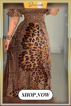 Butterfly Print Dress Leopard Print Off Shoulder Girdle Waist Big Swing Evening Dress Lotus Leaf Sleeve Long Skirt Chic Non-stretch Maxi Skirt, Summer Pleated Brown Skirt, Casual Knee-length Dress With Lined Skirt, Casual Knee-length Lined Dress, Fitted Leopard Print Skirt For Summer, Casual Pleated Maxi Dress For Summer, Beach Pleated Dresses, Casual Summer Pleated Maxi Dress, Casual Party Dress With Lined Skirt