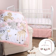 a baby's room with pink walls and white crib bedding, stuffed animals on the floor