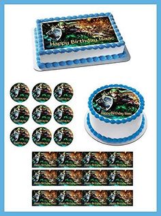 an image of a birthday cake with edible images on it and stickers to the side