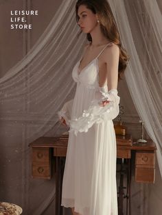 White Chic Embroidered Nightdress Padded Suspender Nightdress With Tulle Robe Sheer Spaghetti Strap Night Dress, Sheer Spaghetti Strap Dress For Night, Sheer Spaghetti Strap Bedtime Dress, Fitted Backless Nightgown For Wedding Night, White Chic, Delicate Embroidery, Intricate Embroidery, Night Dress, Nightwear