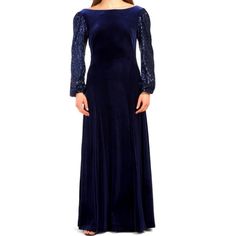 Tahari Gown Dark Blue Body Is Velvet Long Sleeves Are Sheer, Covered With Sequins With Elastic At Cuffs Boat Neck Low Scoop In Back Back Zip Flare Skirt Nips In At Waist Lined In Black Polyester Floor Length 97% Polyester, 3% Elastane Size 10, Pit To Pit Is 19", Waist Of 16", Lying Flat, Length Is 60" New With Tags Holidays, Winter Wedding Mother Of Bride Or Groom, Cruise, Soft, Sparkly, Flattering, Elegant, Heavy, Maxi, Long, Glittery, Classy, Party, Sequins, Flowy, Arthur S. Levine, Knit, Refi Navy Evening Gown, Maxi Formal Dress, Puff Sleeve Gown, Flared Skirt Dress, Cowl Neck Sweater Dress, Sleeve Gown, Tahari Dress, Blue Striped Dress, Midi Sheath Dress