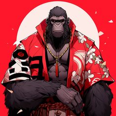 a gorilla in a red kimono holding a chest bag and looking at the camera