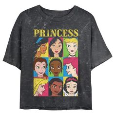 If you can't decide which of the Disney Princesses is your favorite… now you don't have to! Celebrate all of your favorites with this officially licensed Disney Princesses Princess Distressed Close-Up Poster Juniors' Graphic Mineral Wash Crop T-Shirt. Jasmine, Mulan, Cinderella, Belle, Tiana, Ariel, Aurora, Moana, and Snow White are all portrayed in a box with the word "Princess" at the top. Dress in style this season with these new designs that are perfect for Disney fans everywhere! Trendy T-shirt With Character Print For Disney Fan Events, Fandom Character Print Tops For Fan Conventions, Themed Tops With Graphic Print For Fan Conventions, Themed Graphic Print Tops For Fan Conventions, Black Tops With Cartoon Print For Fan Conventions, Disney Graphic Print Tops For Fan Merchandise, Trendy Tops With Character Print For Fans, Black Themed Top With Sublimation Print, Disney Style Short Sleeve Tops With Sublimation Print