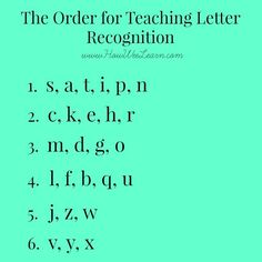 the order for teaching letter recognition is written in black and white on a green background