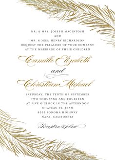 an ornate wedding card with feathers on it