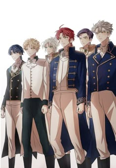 an anime group with different colored hair and clothes, all standing in front of each other