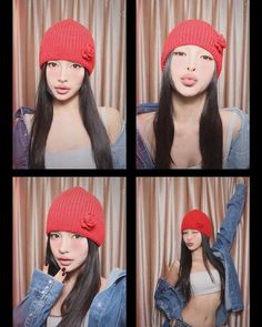 four pictures of a woman with long hair wearing a red knitted beanie hat