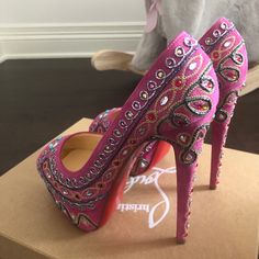 Pink Suede Peep-Toe Heels With Embroidery Details And Colorful Stones. Never Been Used, Have Had These Beauties In My Closet For Years So Decided It’s Time To Find Them A New Owner. Colorful Stones, Pink Suede, Crazy Shoes, Peep Toe Heels, Louboutin Shoes, Embroidery Details, Christian Louboutin Shoes, Pink And Gold, Shoes Women Heels