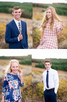 four photos of people in formal clothing posing for pictures together, one is smiling and the other has long blonde hair