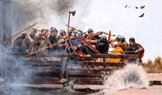 a painting of men in battle on a boat