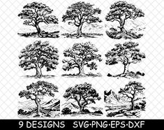 nine trees with different shapes and sizes