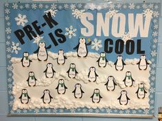 a bulletin board with penguins and snowflakes on it that says pre - k is snow cool