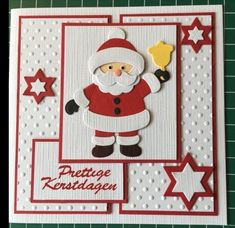 a christmas card with a santa clause holding a bell and stars on the bottom corner