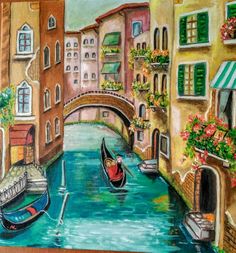 a painting of a gondola on a canal with buildings and flowers in the window boxes