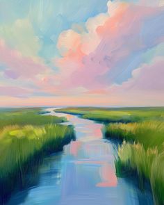 a painting of a river running through a lush green field under a cloudy blue sky