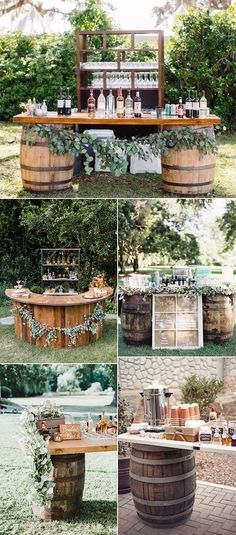 an outdoor bar made out of wooden barrels