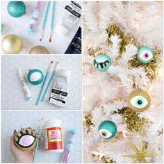 the collage shows different items that are on top of a white christmas tree, including eyeball ornaments and glitter balls