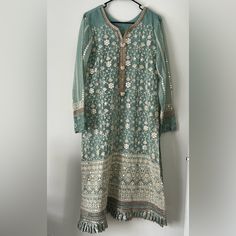 Mint Green Net Suit Chicken Kari And Foil Work. Three Piece Self Stitched. Size Large Chest 22inch Length 46 Inches Worn Twice, Good Condition Net Suit, Chicken Kari, Pakistani Suit, Pakistani Suits, Three Piece, Mint Green, Foil, Wedding Dresses, Mint