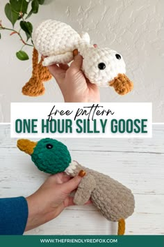 two crocheted stuffed animals with text overlay that says free pattern one hour silly goose