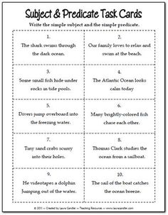 two different types of subject and predicate task cards for students to practice their writing skills