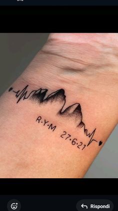 a wrist tattoo with mountains and heartbeats on it's left arm, in black ink