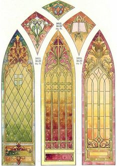 three stained glass windows with different designs and colors on the front, back and side