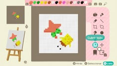 the pixel art game is being played on an easel with paintbrushes and other items