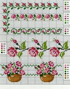 a cross stitch pattern with pink flowers on the bottom and green leaves in the middle