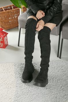 FLAT LUGG BOOT Black Microfiber Suede Thigh High Boots by All Black Footwear. A super soft over the knee black boot with a comfortable 2 inch flatform lug sole. Wear with a mini skirt and oversized knit top for a perfect fall look. This minimalist black boot is as comfortable as it is stylish. - 2 inch Flatform Sole - 22 inch Shaft. - Available in whole sizes - Runs slightly small US 8-8.5 = 39 Black Thigh High Boots, Thigh High Suede Boots, Minimalist Shoes, Shoe Boutique, Thigh High Boots, Thigh Highs, High Boots, Fall Looks, Over The Knee