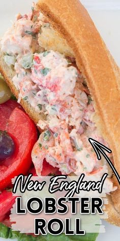 a close up of a sandwich on a plate with the words new england lobster roll