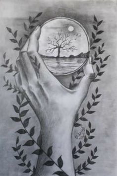 a drawing of a person's hand holding a ball with a tree in it