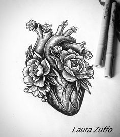 a drawing of a heart with flowers on it