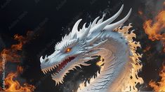 a white dragon with red eyes on fire