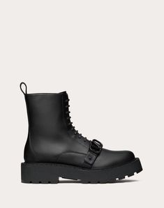 Valentino Garavani combat boot in calfskin with VLogo Signature decoration - Strap with custom VLogo Signature buckle in tone-on-tone finish - Inner side zip - Custom welt with embossed VLogo Signature motif - Rubber lug sole - Heel height: 45 mm / 1.8 in. with 25 mm / 1 in. platform - Shaft height: 15 cm / 6 in. in an Italian size 37 - Made in Italy Platform Combat Boots, Platform Boots Women, Studded Sneakers, Oxford Boots, Wedge Loafers, Womens Combat Boots, Combat Boot, Boot Accessories, Boots And Sneakers