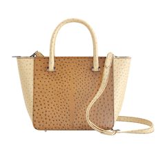 Two Tone Luxury Ostrich Tote - Zelli Handbags Luxury Designer Bags With Gold-tone Hardware, Luxury Textured Leather Tan Bags, Luxury Tan Textured Leather Bags, Luxury Gold Bags With Gold-tone Hardware, Luxury Brown Hand-stitched Bags, Luxury Hand-stitched Brown Bag, Luxury Tote Bag With Gold-tone Hardware, Cream Tones, Ostrich Leather