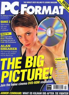 the cover of pc format magazine with a woman holding up a cd in front of her face